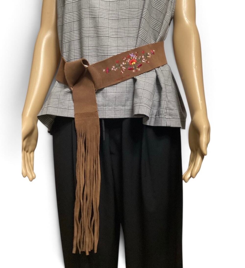 Abercrombie & Fitch Brown Suede Embroidered Fringe Tie Belt Bohemian Floral M/L